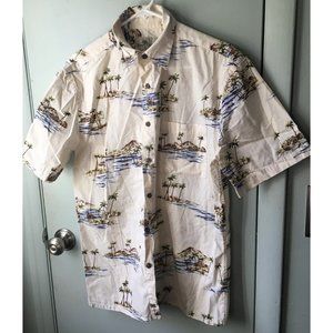 Island Shores button down shirt short sleeve Tiki Hawaiian mountain palm tree